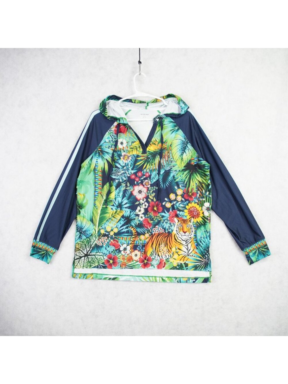 Johnny Was Bee Active Womens Pullover Hoodie Sz S Tropical Jungle Tiger Print
